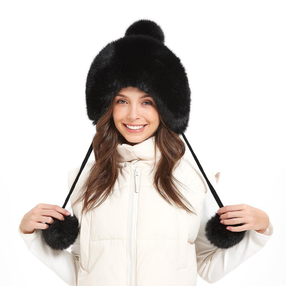 2039 Winter Hat Faux Fur Beanie Hat with Fuzzy Pom Pom Knit Trapper Hat